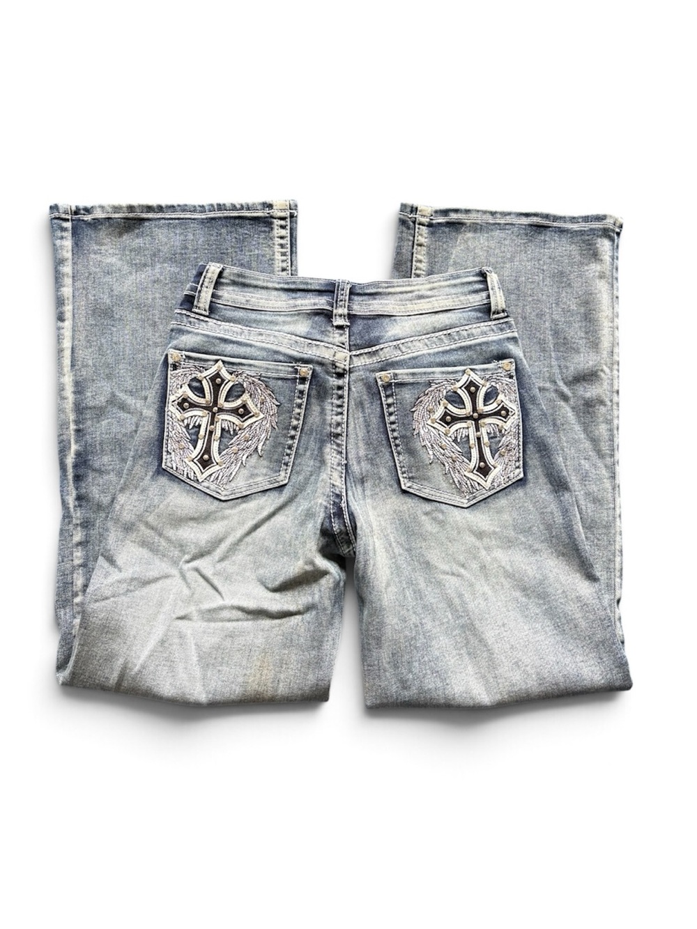 Telepatia Size 9 Wide leg Light Wash Denim Embroidered Cross With Wings Jeans